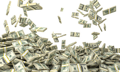 bundles of dollars fall and form a pile 3d render detail. isolated - 700160661