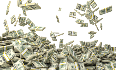 bundles of dollars fall and form a pile 3d render detail. isolated