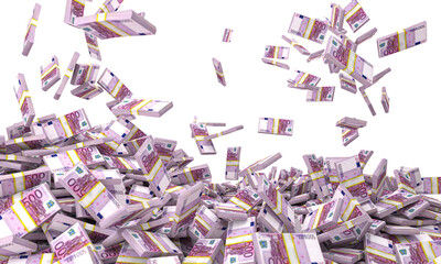 bundles of euros fall and form a pile detail 3d render. isolated