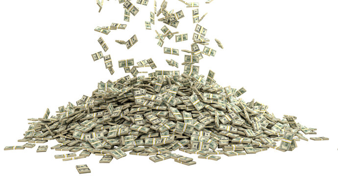 bundles of dollars fall and form a pile isolated on white