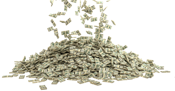 bundles of dollars fall and form a pile isolated on white
