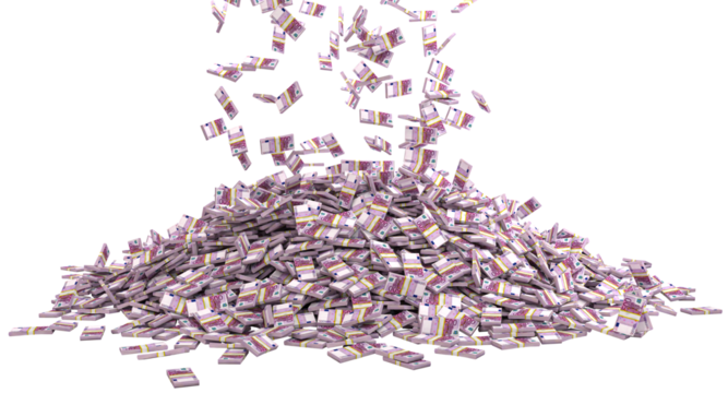 bundles of euros fall and form a pile 3d render