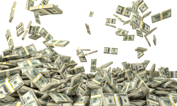 bundles of dollars fall and form a pile 3d render detail. isolated