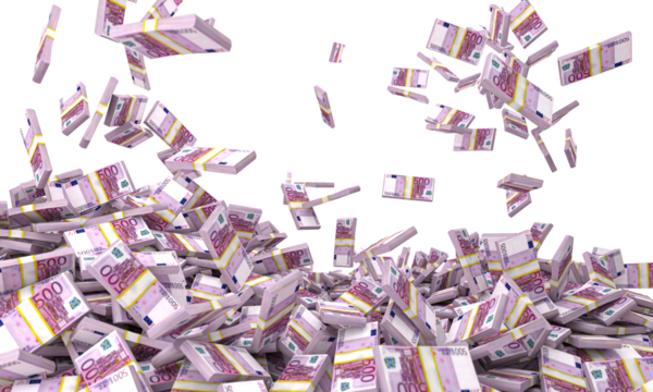 bundles of euros fall and form a pile detail 3d render. isolated