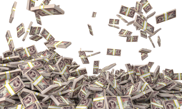 bundles of yen fall and form a pile 3d render