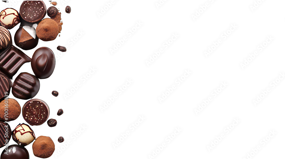 Poster sweet chocolate praline isolated on white background with copy space on the left side created with g