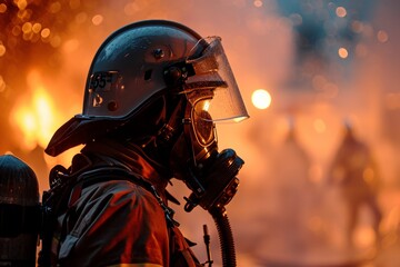 A heroic firefighter takes center stage amidst the backdrop of roaring flames, illustrating the fearless spirit and readiness to confront the heat of emergencies. - obrazy, fototapety, plakaty