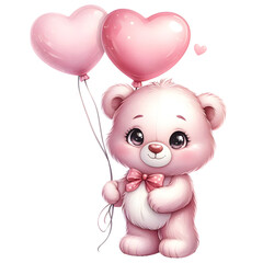 Watercolor Valentine Cute Teddy Bear With Heart Shaped Balloons PNG Clipart, AI Generated.