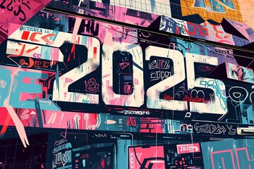 A sophisticated business wallpaper featuring the prominent display of "2025" in large capital letters, crafted with a stylish blend of modernist illustrations, comic art, and iconic pop culture elemen