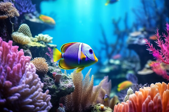 Close up of fish and the coral reef in an underwater sea. Travel concept of holiday and vacation.