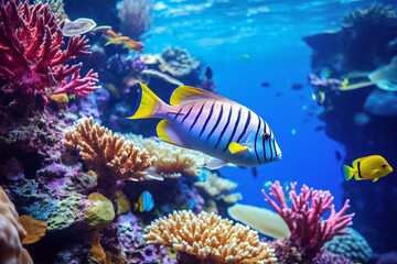 Naklejka na ściany i meble Close up of fish and the coral reef in an underwater sea. Travel concept of holiday and vacation.