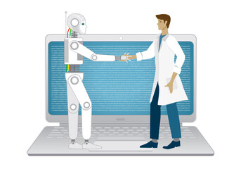 Robot and man in agreement, standing in front of a laptop. Isolated. Vector illustration.