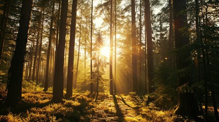 Fototapeta premium Golden Hour in the Forest Sun rays filtering through the trees in a forest