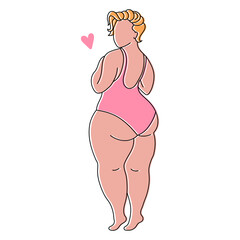 Silhouette of a plump woman in a swimsuit, sketch.  Bodypositive concept. Line art, vector