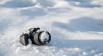 professional digital slr photo camera with frost lens lies in a snowdrift in winter in the snow...