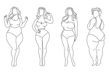 Silhouettes of women with different figures, set, sketch. Body positivity concept. Line art, vector