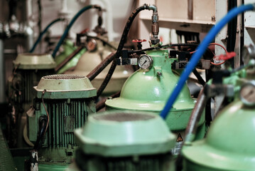 Marine Diesel Oil Fuel Separators In The Engine Room Of The Merchant Vessel