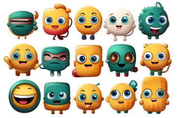 Emoticon and emoji group  design. Emoticons cute face head group in happy, laughing, smiling, funny, on transparency  generative AI 