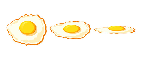 Chicken fried egg isolated on white in different positions. Fried egg icon in cartoon style. Vector illustration.