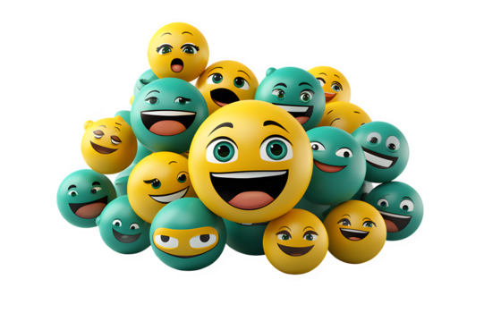 Emoticon and emoji group  design. Emoticons cute face head group in happy, laughing, smiling, funny, on transparency  generative AI 