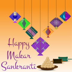Soaring Kites, Sweet Delights: Makar Sankranti Wishes, The essence of Makar Sankranti with colorful kites soaring against a warm gradient backdrop. The elegant purple 'Happy Makar Sankranti' text.