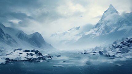 Panorama of icy winter mountain landscape with ice and snow