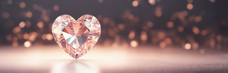 Sparkling heart diamond with dreamy bokeh lights, on a soft peach backdrop, design for luxury branding and high-end jewelry, romantic celebration Valentine's Day, banner with copy space - obrazy, fototapety, plakaty