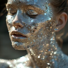 Sunlit Metallic Paint Portrait.
Face bathed in sunlight, featuring glittering metallic paint accents.