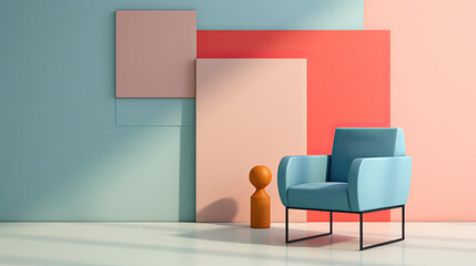 A minimalist abstract design featuring the outline of a modern chair against a backdrop of geometric shapes and soft pastel hues Ai Generative