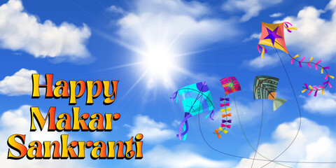 Soaring Spirits: A Vibrant Makar Sankranti Celebration, Experience the joy of Makar Sankranti with this vibrant vector! The essence of the festival with colorful kites flying high in a clear blue sky.
