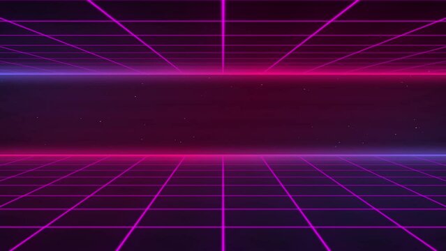 4K futuristic synthwave 80s style retro background video. Sci-fi seamless looping animation with the two grid on top and the bottom.