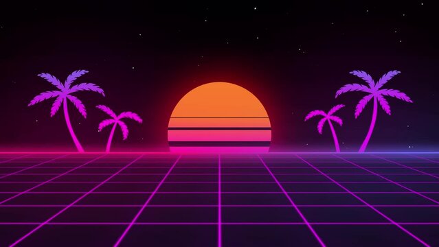 4K futuristic synthwave 80s style retro background video. Sci-fi seamless looping animation with the sunset in the middle and the palm tree.