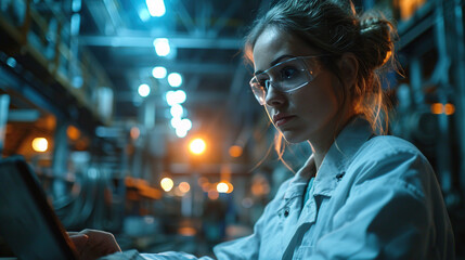 Female automation engineer wearing a blue uniform with helmet safety inspection controls a robot arm.