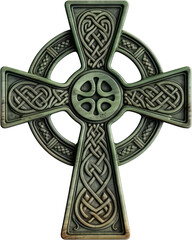 Traditional Green Celtic Cross, Intricate Irish Knot Design, Celebration, Ireland, St. Patrick's day, PNG, Transparent, isolate. - obrazy, fototapety, plakaty