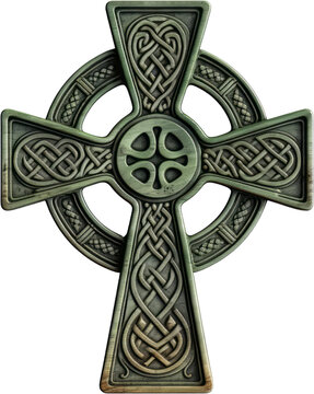Traditional Green Celtic Cross, Intricate Irish Knot Design, Celebration, Ireland, St. Patrick's day, PNG, Transparent, isolate.