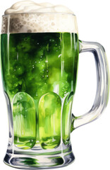 Frothy Green Beer in a Tall Glass, Celebrating St. Patrick's Day Festivities, traditional treats and drinks, watercolor illustration, PNG, Transparent, isolate.
