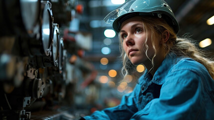 Female automation engineer wearing a blue uniform with helmet safety inspection controls a robot arm.