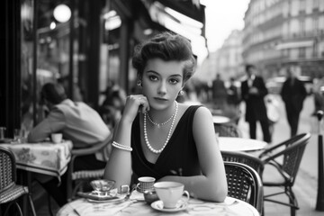 A timeless retro photograph captures the allure of a female seated at a Parisian café table in the 1960s. The scene exudes a classic charm, depicting an era of grace, fashion
