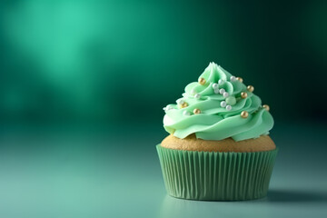 Delicious decorated cupcake with leaf clover Shamrock Toppings on Lush Green Background, space for text. St. Patrick's Day celebration - obrazy, fototapety, plakaty