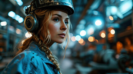 Female automation engineer wearing a blue uniform with helmet safety inspection controls a robot arm. - obrazy, fototapety, plakaty