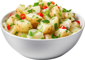 Delicious Tasty Bowl of homemade creamy Potato salad, bean, tomato, carrot, PNG Transparent, isolate