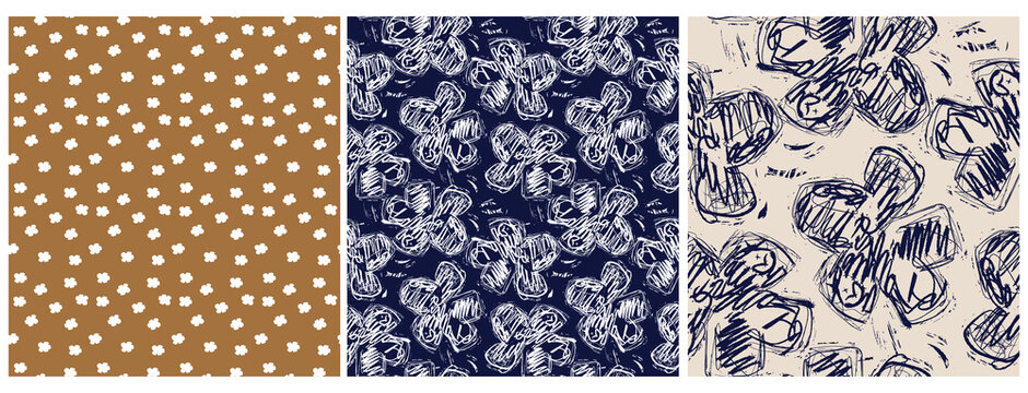 Cute Hand Drawn Floral Seamless Vector Patterns. Flowers Made of Scribbles on a Gold, Beig and Dark Blue Background. Infantile Style  Crayon Drawing-like Floral Print. Abstract Doodle Flowers Design.