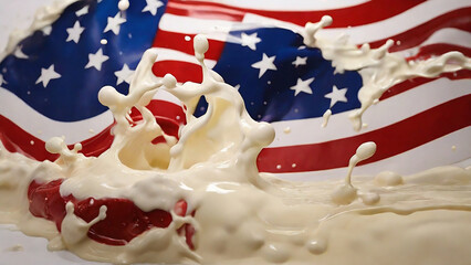 Generative AI of united states of America flag with splash of milk. Suitable of American milk product. 