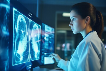 Orthopedic surgeon doctor examining patient joint x-ray bone scan in radiology orthopedic hospital Generative Ai - Powered by Adobe