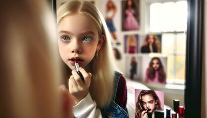 Young girl putting on lipstick in her bedroom with posters of role models on her wall. If pre-teens and teenagers have an unhealthy body image, they might be self-critical and unhappy