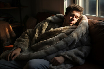 Obraz premium AI generated photography image of happy man wrapped in a warm blanket enjoying cosy atmosphere
