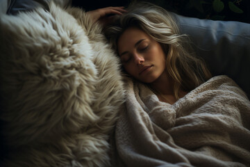 AI generated photography image of happy woman wrapped in a warm blanket enjoying cosy atmosphere