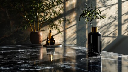 a bottle of black perfume mockup on a black with shiny marble, in the style of minimalist...