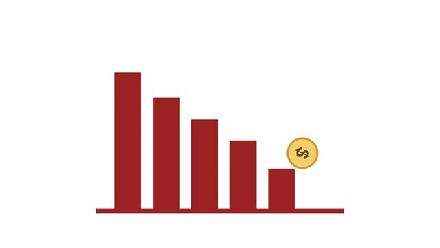 green screen background and normal mode, graphic animation with coin icon and downward arrow, illustration of decreasing income and business loss	