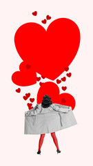 Young woman opening coat and many heart symbols flying out. Love in the air. Creative art collage. Concept of Happy Valentine's Day, 14th of February, love. Poster, template for card